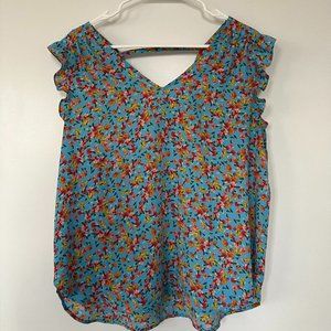 LOFT Floral Flutter Sleeve Blouse Blue